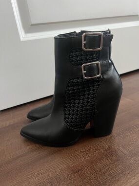 Steve Madden Black Woven Buckle Block Heel Ankle Boots